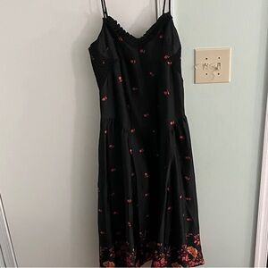 Elegant Black Midi Dress with Red Floral Design